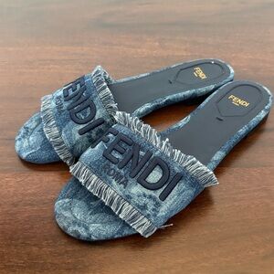 Fendi Denim Fringe Slide Sandals in Blue